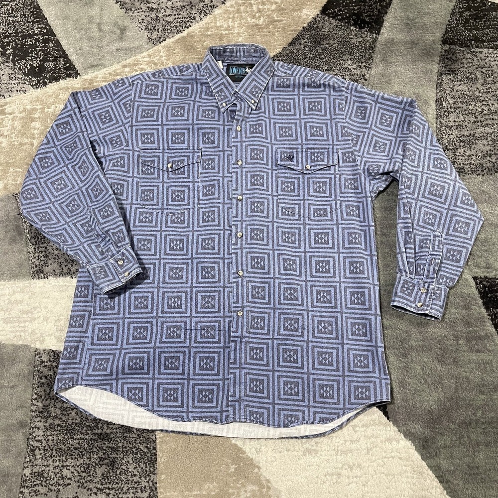 Vintage Roper Lone Roo Brushpopper Western Shirt Men XL 17.5 Blue Geo Button USA